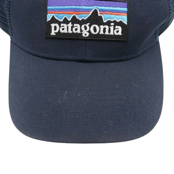 Patagonia Snapback Trucker Hat Navy Blue Cap Mesh Back Spell Out Mountain Patch - Picture 2 of 10